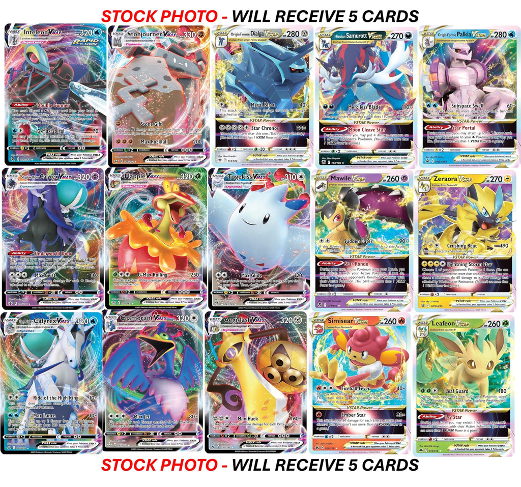 Pokemon - 5 VMAX/VSTAR Card Lot Bundle - No Duplicates - Full Art Etched Pokemon