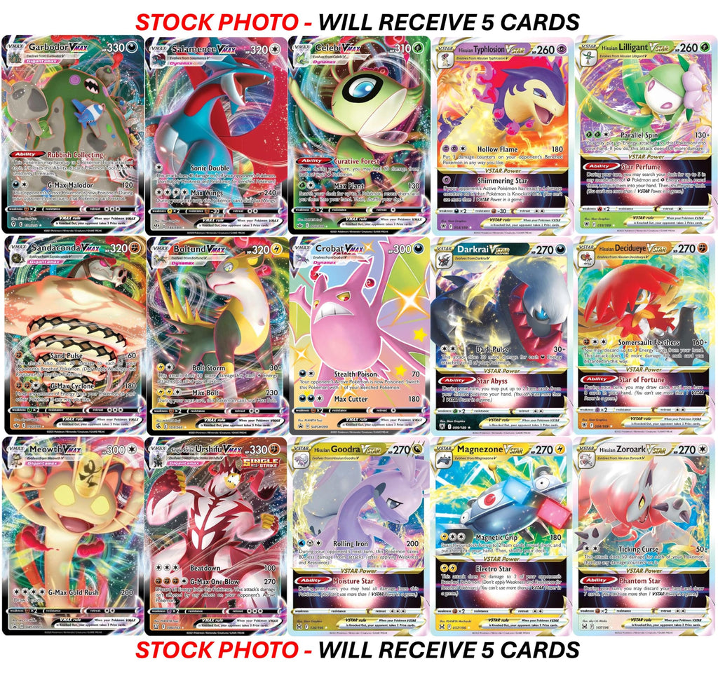 Pokemon - 5 VMAX/VSTAR Card Lot Bundle - No Duplicates - Full Art Etched Pokemon