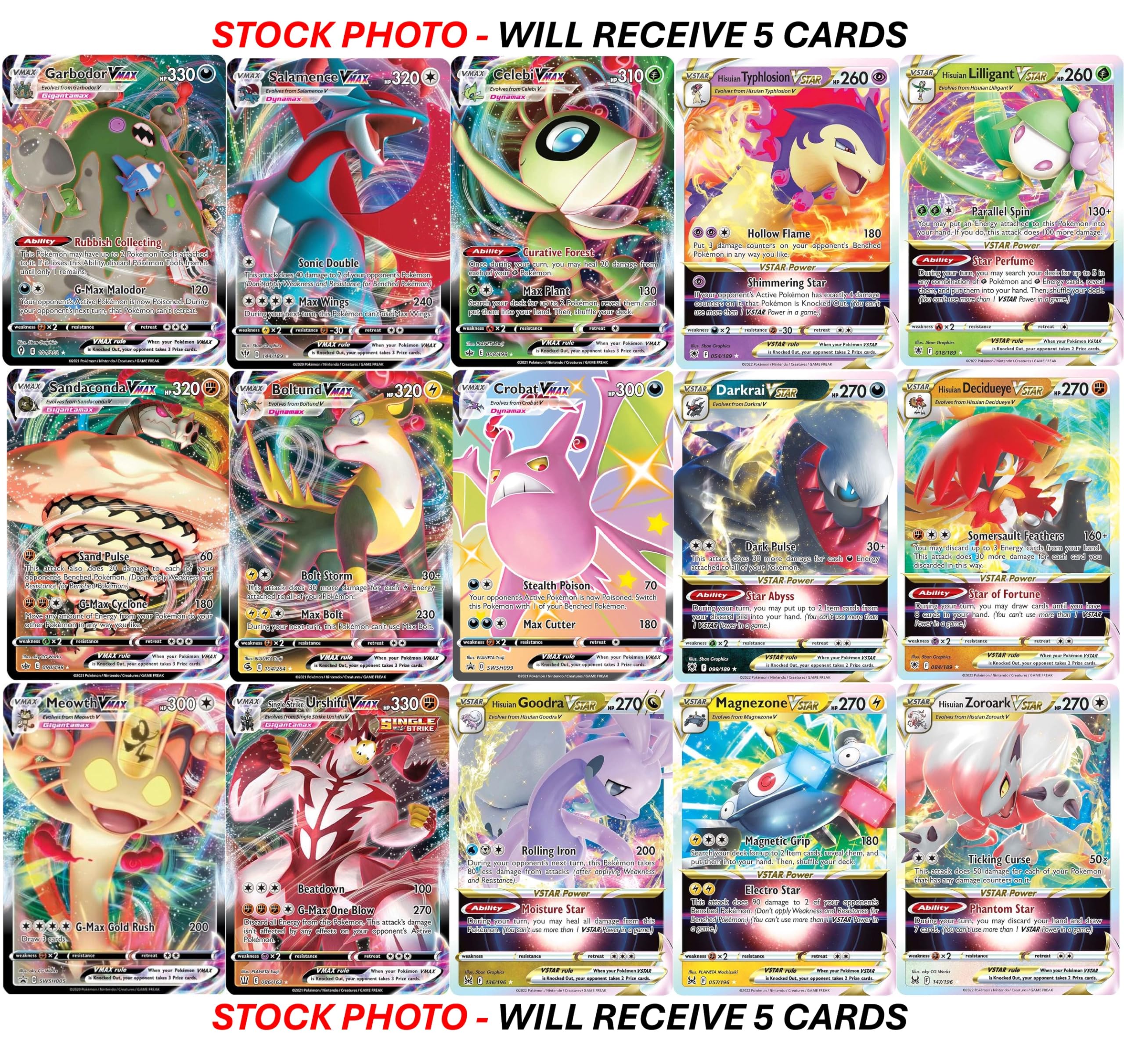 Pokemon - 5 VMAX/VSTAR Card Lot Bundle - No Duplicates - Full Art Etched Pokemon