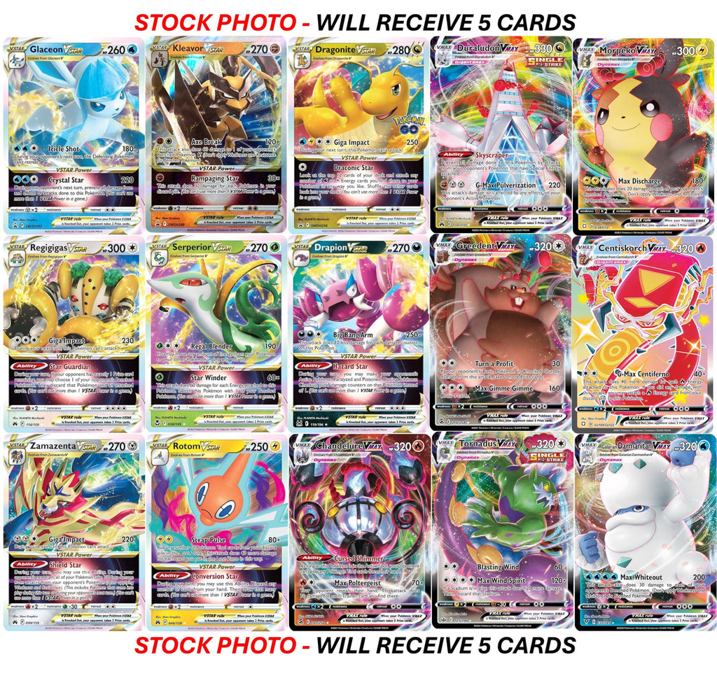 Pokemon - 5 VMAX/VSTAR Card Lot Bundle - No Duplicates - Full Art Etched Pokemon